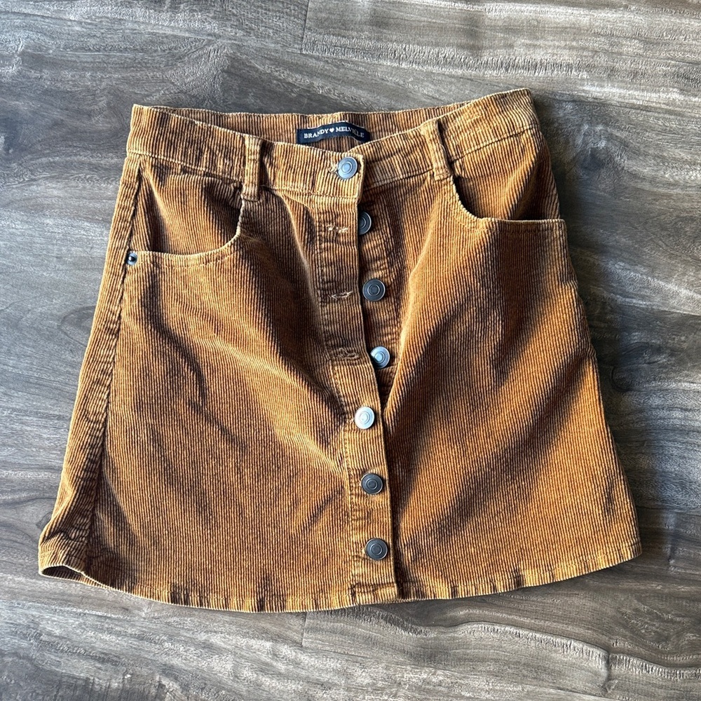 Brandy Melville Button-Front Corduroy Mini Skirt in Camel Brown